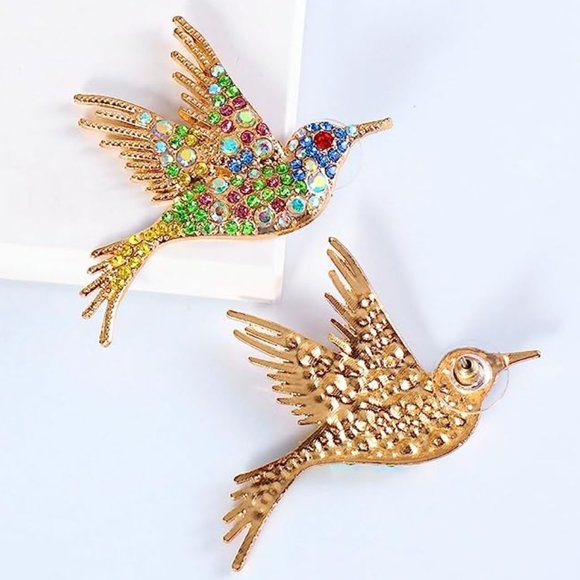 Multicolor Bird Rhinestone Earrings Gold Hummingbird CZ Pave Crystal Birds Posts - Picture 5 of 13